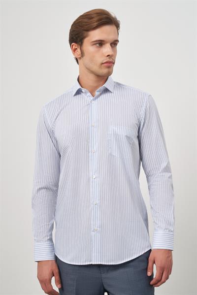 Beyaz Uzun Kol Desen Yarım İtalyan Yaka Cepli Pamuklu Classic Comfort Fit Gömlek 1004245179