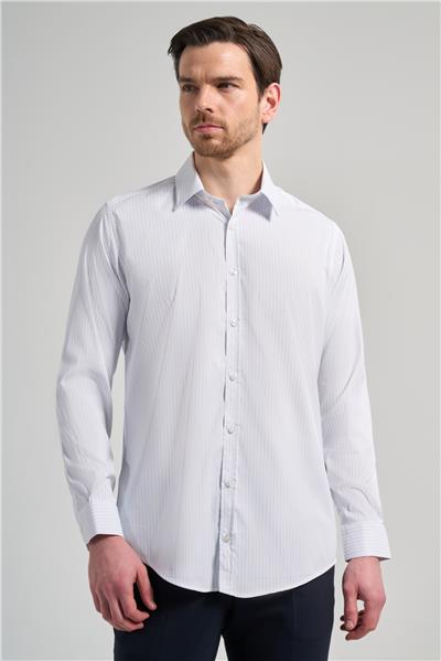 Beyaz Uzun Kol Desen Yarım İtalyan Yaka Cepsiz esnek Classic Slim Fit Gömlek 1004245220