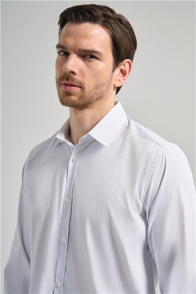 Beyaz Uzun Kol Desen Yarım İtalyan Yaka Cepsiz esnek Classic Slim Fit Gömlek 1004245217