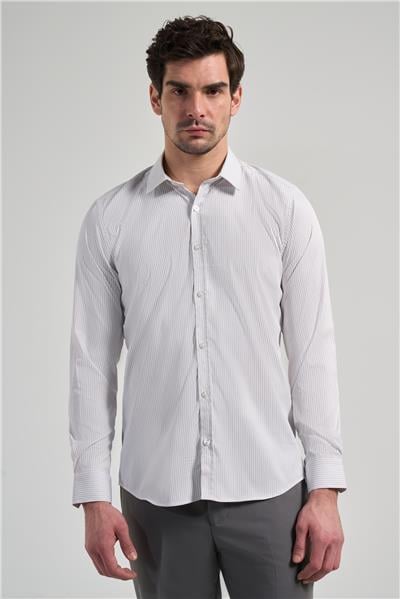 Beyaz Uzun Kol Desen Yarım İtalyan Yaka Cepsiz esnek Classic Slim Fit Gömlek 1004245218