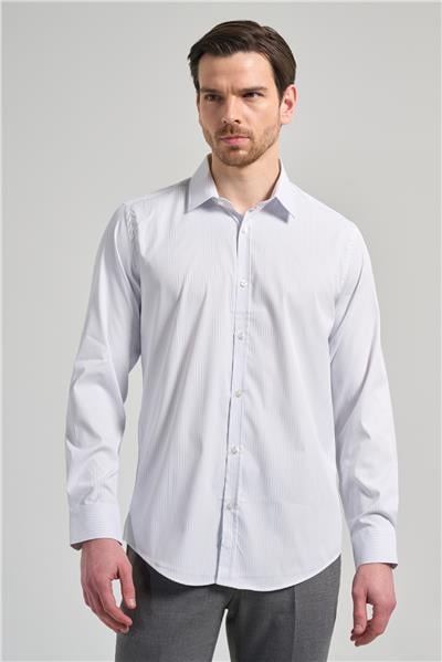 Beyaz Uzun Kol Desen Yarım İtalyan Yaka Cepsiz esnek Classic Slim Fit Gömlek 1004245217