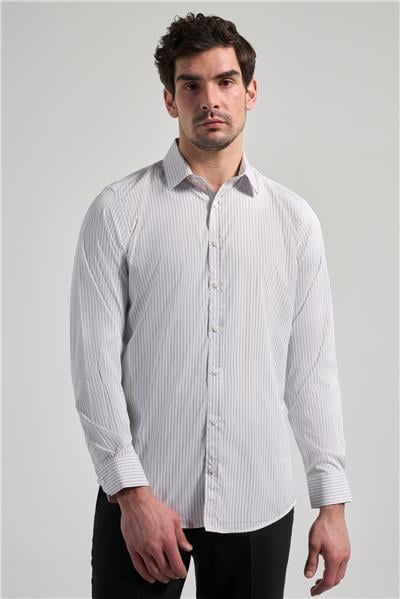 Beyaz Uzun Kol Desen Yarım İtalyan Yaka Cepsiz esnek Classic Slim Fit Gömlek 1004245220