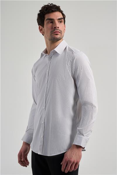 Beyaz Uzun Kol Desen Yarım İtalyan Yaka Cepsiz esnek Classic Slim Fit Gömlek 1004245220