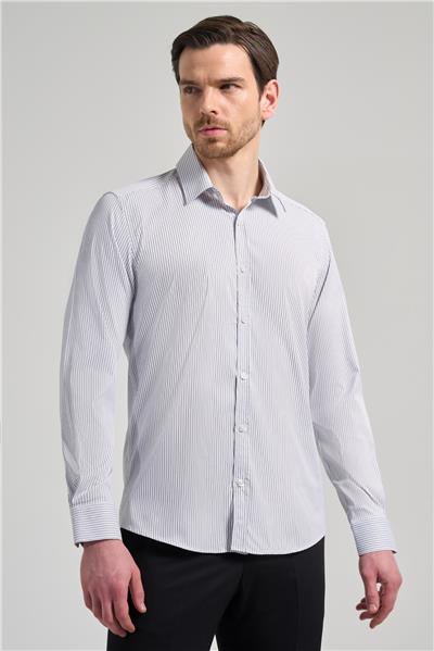 Beyaz Uzun Kol Desen Yarım İtalyan Yaka Cepsiz esnek Classic Slim Fit Gömlek 1004245218