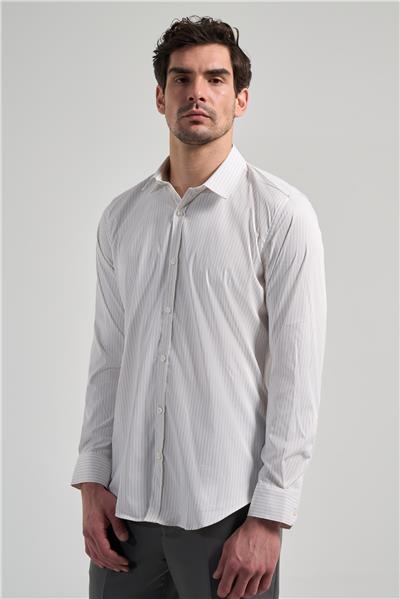 Beyaz Uzun Kol Desen Yarım İtalyan Yaka Cepsiz esnek Classic Slim Fit Gömlek 1004245220