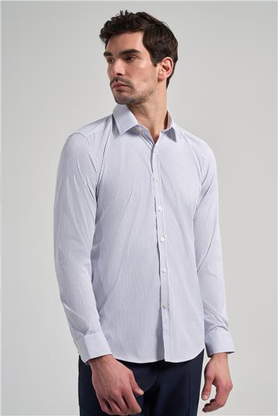 Beyaz-Mavi Uzun Kol Desen Yarım İtalyan Yaka Cepsiz esnek Classic Slim Fit Gömlek 1004245218