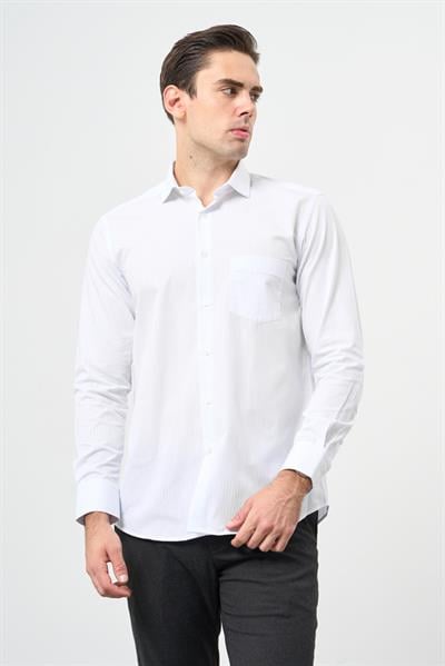 Beyaz Uzun Kol Desen Yarım İtalyan Yaka Cepli Pamuklu Classic Comfort Fit Gömlek 1004245183