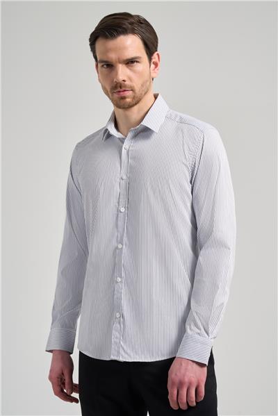 Beyaz Uzun Kol Desen Yarım İtalyan Yaka Cepsiz esnek Classic Slim Fit Gömlek 1004245218