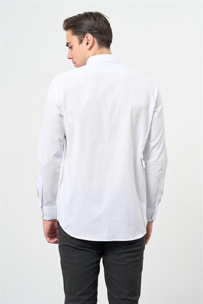 Beyaz Uzun Kol Desen Yarım İtalyan Yaka Cepli Pamuklu Classic Comfort Fit Gömlek 1004245183