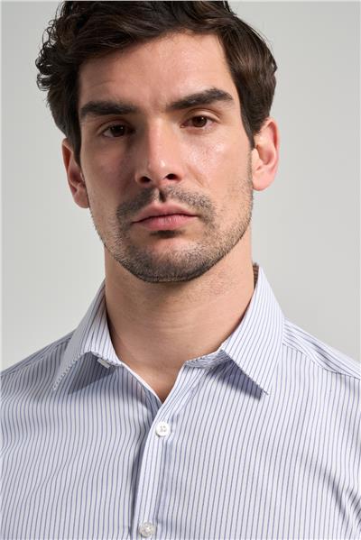 Beyaz-Mavi Uzun Kol Desen Yarım İtalyan Yaka Cepsiz esnek Classic Slim Fit Gömlek 1004245218