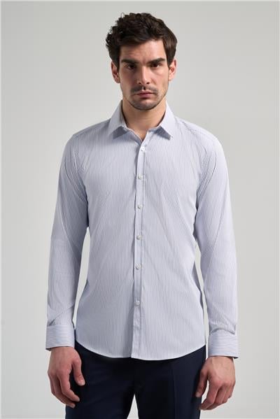 Beyaz-Mavi Uzun Kol Desen Yarım İtalyan Yaka Cepsiz esnek Classic Slim Fit Gömlek 1004245218