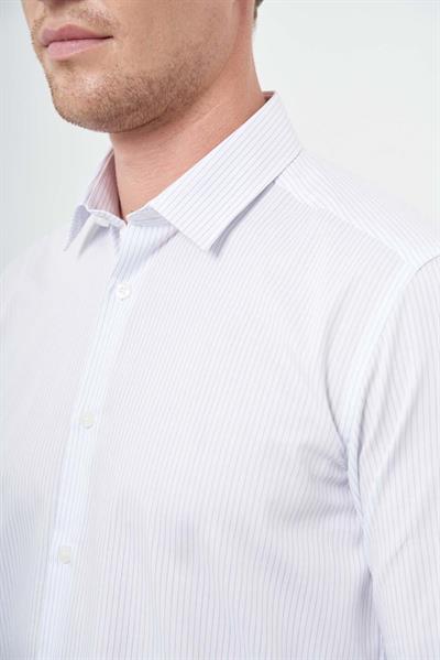 Beyaz Uzun Kol Çizgili Desen Gabardin Sert Yaka Cepsiz Pamuklu Classic Slim Fit Gömlek 1004245205