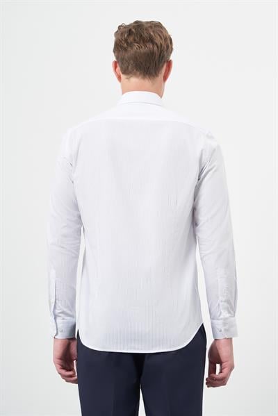Beyaz Uzun Kol Çizgili Desen Gabardin Sert Yaka Cepsiz Pamuklu Classic Slim Fit Gömlek 1004245205
