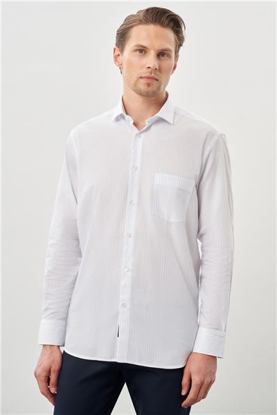 Beyaz Uzun Kol Desen İtalyan Yaka Cepli Pamuklu Classic Comfort Fit Gömlek 1004245185