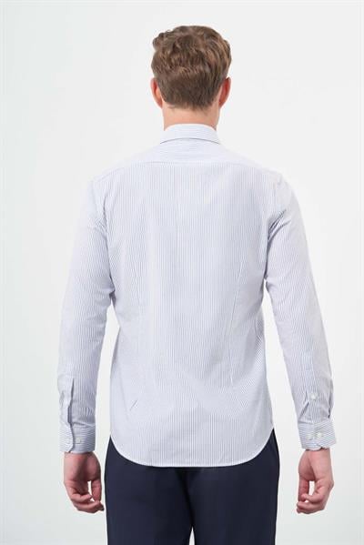 Beyaz Uzun Kol Çizgili Desen Oxford Sert Yaka Cepsiz Pamuklu Classic Slim Fit Gömlek 1004245206