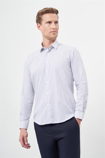 Beyaz Uzun Kol Çizgili Desen Oxford Sert Yaka Cepsiz Pamuklu Classic Slim Fit Gömlek 1004245206