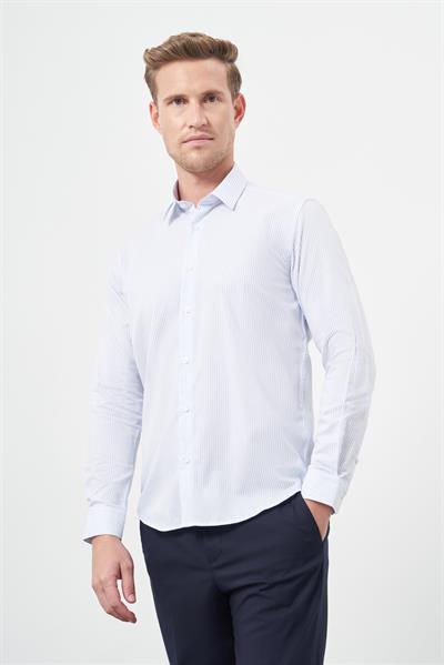 Beyaz Uzun Kol Çizgili Desen Oxford Sert Yaka Cepsiz Pamuklu Classic Slim Fit Gömlek 1004245206