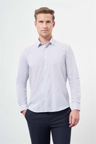 Beyaz Uzun Kol Çizgili Desen Oxford Sert Yaka Cepsiz Pamuklu Classic Slim Fit Gömlek 1004245206