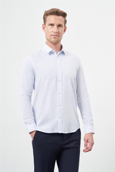 Beyaz Uzun Kol Çizgili Desen Oxford Sert Yaka Cepsiz Pamuklu Classic Slim Fit Gömlek 1004245206