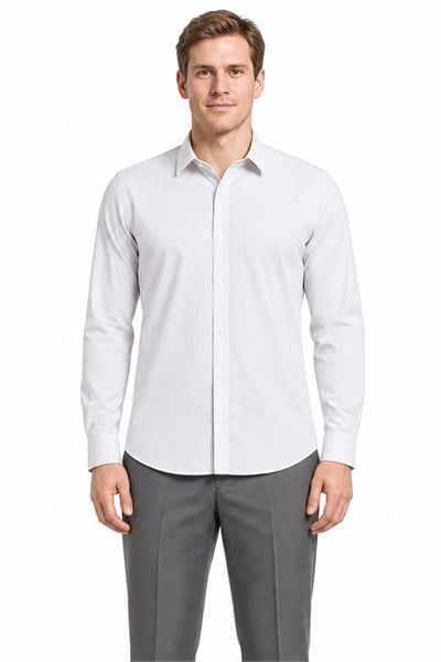 Beyaz Uzun Kol Desen Yarım İtalyan Yaka Cepsiz esnek Classic Slim Fit Gömlek 1004245218