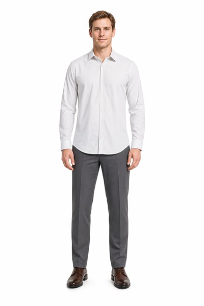 Beyaz Uzun Kol Desen Yarım İtalyan Yaka Cepsiz esnek Classic Slim Fit Gömlek 1004245220