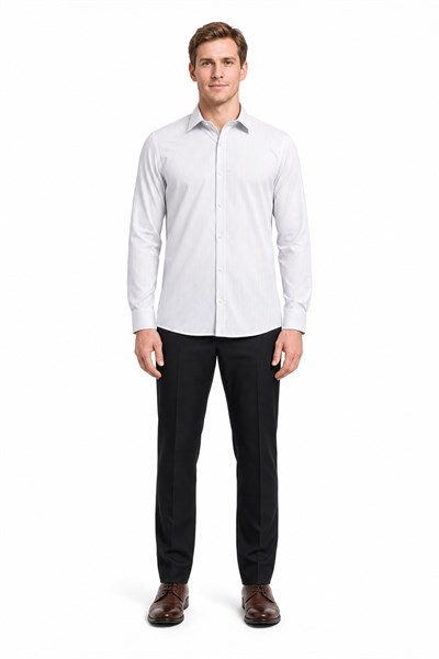 Beyaz Uzun Kol Desen Yarım İtalyan Yaka Cepsiz esnek Classic Slim Fit Gömlek 1004245217