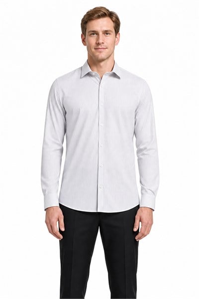 Beyaz Uzun Kol Desen Yarım İtalyan Yaka Cepsiz esnek Classic Slim Fit Gömlek 1004245217