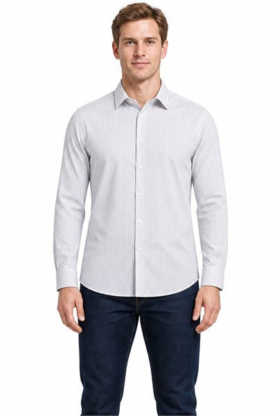 Beyaz Uzun Kol Desen Yarım İtalyan Yaka Cepsiz esnek Classic Slim Fit Gömlek 1004245220