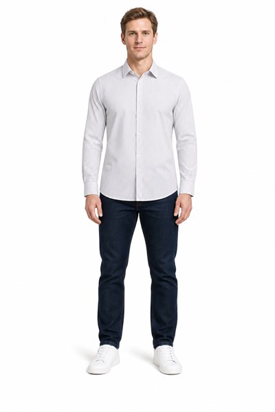 Beyaz Uzun Kol Desen Yarım İtalyan Yaka Cepsiz esnek Classic Slim Fit Gömlek 1004245220
