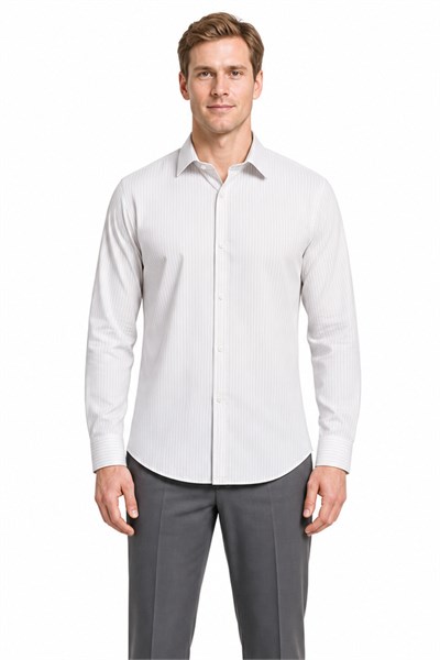 Beyaz Uzun Kol Desen Yarım İtalyan Yaka Cepsiz esnek Classic Slim Fit Gömlek 1004245220