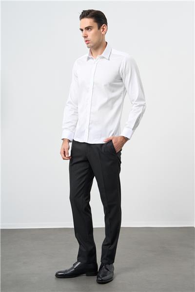 Beyaz Uzun Kol Düz Bez Ayağı 032 Sert Yaka Classic Slim Fit Gömlek 1004245324