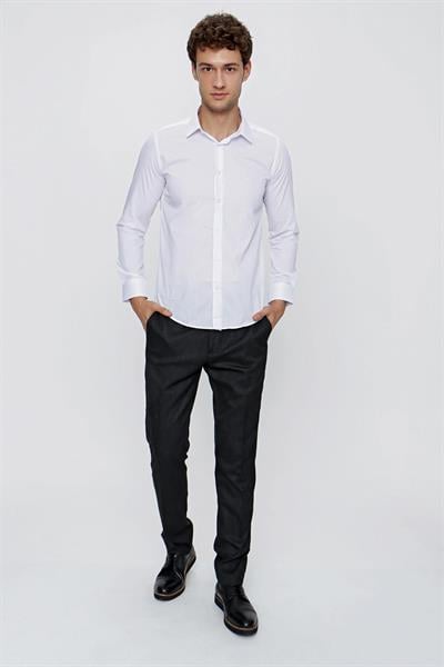 Beyaz Uzun Kol Düz Bez Ayağı 041 Sert Yaka Basic Slim Fit Gömlek 1004245057