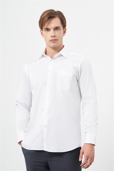 Beyaz Uzun Kol Düz Bez Ayağı 041 Sert Yaka Classic Comfort Fit Gömlek 1004245323