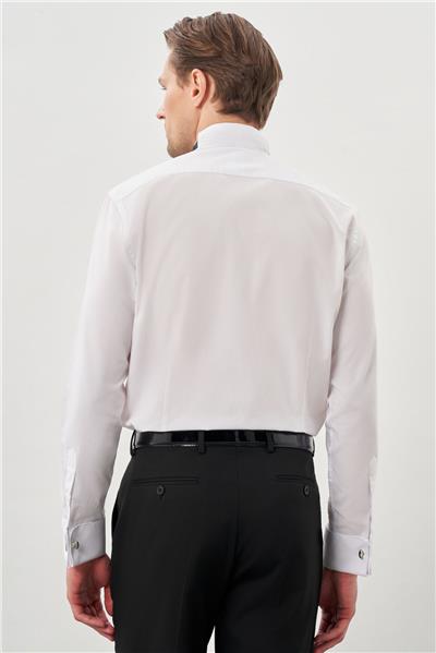 Beyaz Uzun Kol Düz Bez Ayağı Ata Yaka Cepsiz Pamuklu Basic Slim Fit Gömlek 1004245060