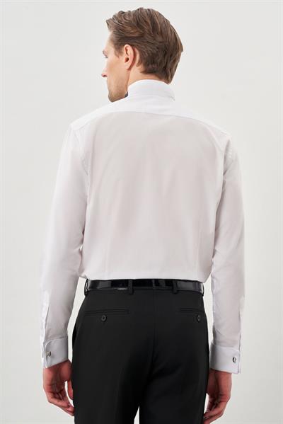 Beyaz Uzun Kol Düz Bez Ayağı Ata Yaka Cepsiz Pamuklu Basic Slim Fit Gömlek 1004250060