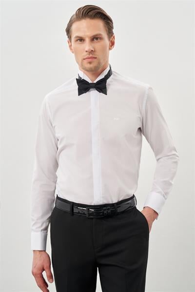 Beyaz Uzun Kol Düz Bez Ayağı Ata Yaka Cepsiz Pamuklu Basic Slim Fit Gömlek 1004250060