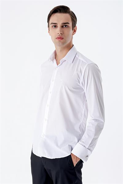 Beyaz Uzun Kol Düz Bez Ayağı Sert Yaka Cepsiz Pamuklu Basic Slim Fit Gömlek 1004245059