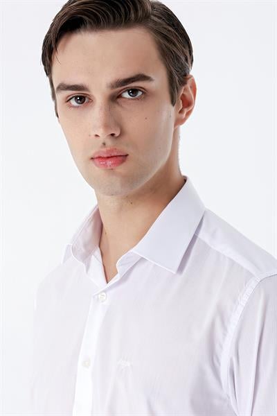 Beyaz Uzun Kol Düz Bez Ayağı Sert Yaka Cepsiz Pamuklu Basic Slim Fit Gömlek 1004245059
