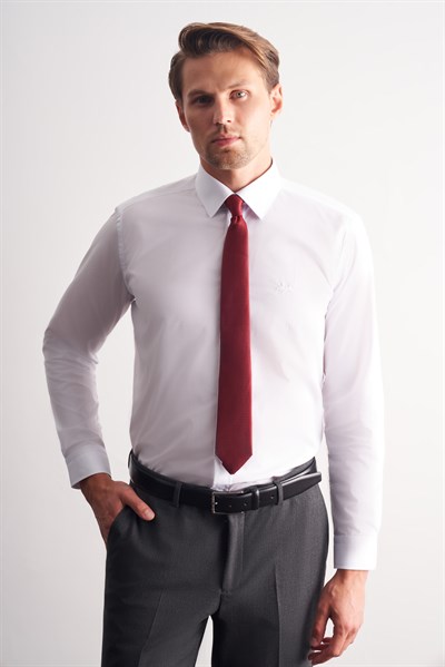 Uzun Kol Düz Bez Ayağı Sert Yaka Cepsiz Pamuklu Basic Slim Fit Gömlek 1004250057