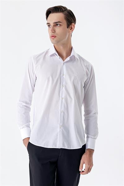 Beyaz Uzun Kol Düz Bez Ayağı Sert Yaka Cepsiz Pamuklu Basic Slim Fit Gömlek 1004245059