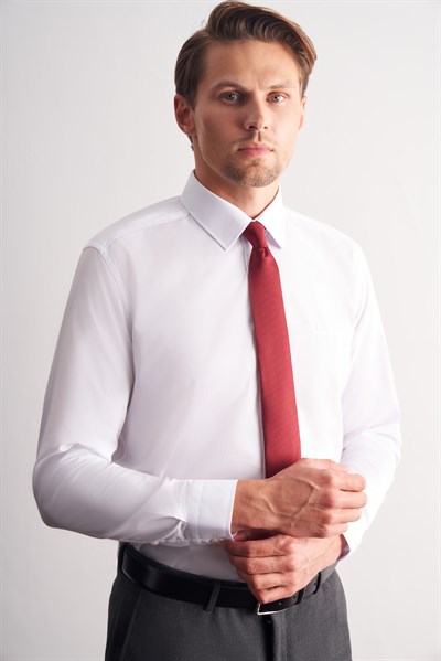 Uzun Kol Düz Bez Ayağı Sert Yaka Cepsiz Pamuklu Basic Slim Fit Gömlek 1004250057