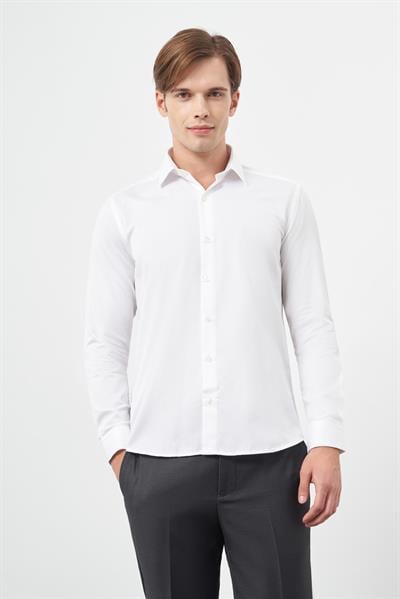 Beyaz Uzun Kol Düz Gabardin Sert Yaka Cepsiz Pamuklu Classic Slim Fit Gömlek 1004245203