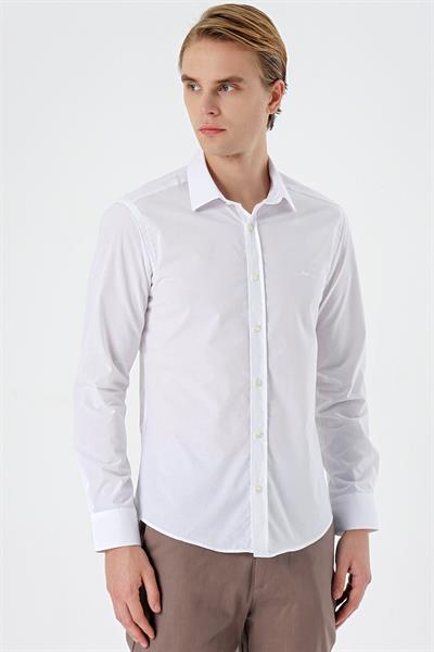 Beyaz Uzun Kol Filafil Desen Filafil Sert Yaka Cepsiz Pamuklu Basic Slim Fit Gömlek 1004245008