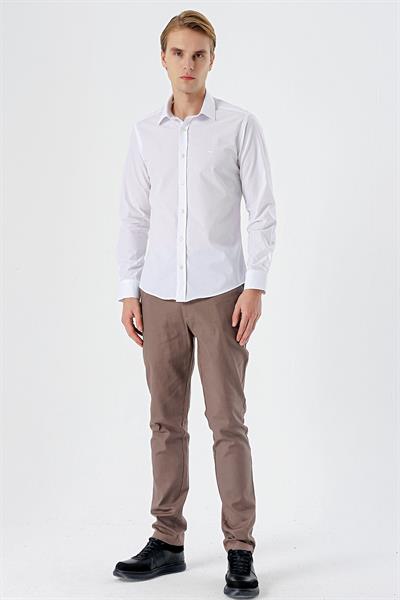Beyaz Uzun Kol Filafil Desen Filafil Sert Yaka Cepsiz Pamuklu Basic Slim Fit Gömlek 1004245008