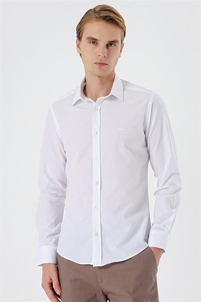 Beyaz Uzun Kol Filafil Desen Filafil Sert Yaka Cepsiz Pamuklu Basic Slim Fit Gömlek 1004245008