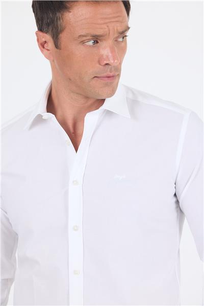 Beyaz Uzun Kol Filafil Desen Filafil Sert Yaka Cepsiz Pamuklu Basic Slim Fit Gömlek 1004250008_600