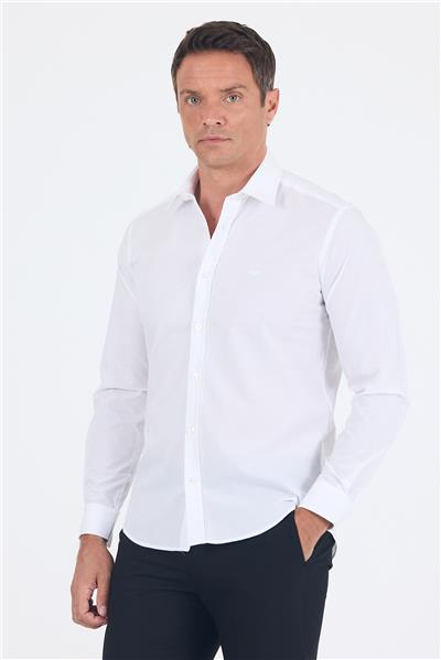Beyaz Uzun Kol Filafil Desen Filafil Sert Yaka Cepsiz Pamuklu Basic Slim Fit Gömlek 1004250008_600