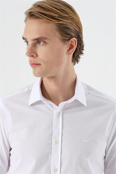 Beyaz Uzun Kol Filafil Desen Filafil Sert Yaka Cepsiz Pamuklu Basic Slim Fit Gömlek 1004245008