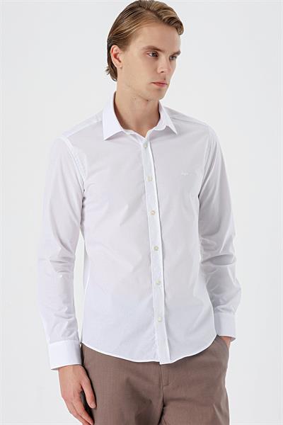 Beyaz Uzun Kol Filafil Desen Filafil Sert Yaka Cepsiz Pamuklu Basic Slim Fit Gömlek 1004245008