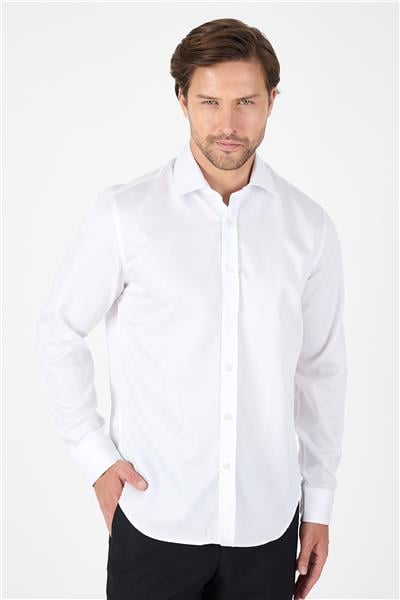Beyaz Uzun Kol İtalyan Yaka Cepsiz Non Iron Slim Fit %100 Pamuk Gömlek 1004250269